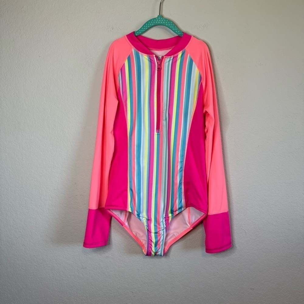 Lands End Pink Blue Bright Stripe Long Sleeve 1/2 Zip Rashguard Swimsuit Size 14